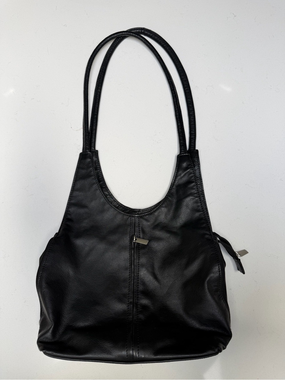 Genuine Black Leather Shoulder Bag - Front Zip Pocket - Classic Everyday Carry